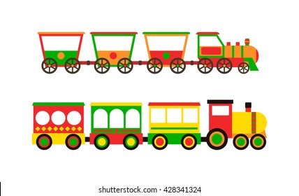 Cartoon toy train with colorful blocks isolated over white and toy train vector set