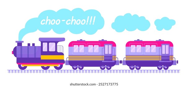 Cartoon toy train. Cute steam train with wagons and clouds hums choo-choo. Vibrant children poster railway. Transportation cute neoteric vector illustration