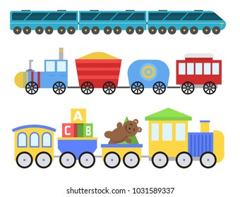 Cartoon toy train vector railroad and cartoon carriage game fun leisure joy gift locomotive transportation.