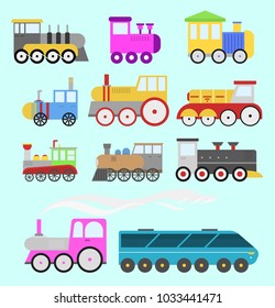 Cartoon toy train vector railroad and cartoon carriage game fun leisure joy gift locomotive transportation.