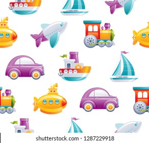Cartoon toy transport seamless pattern. Cute 3d boy style. Boat, car, airplane, yellow submarine, sail ship, train, rocket wallpaper design. Flat vector illustration isolated on white background.