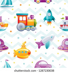 Cartoon toy transport seamless pattern. Cute 3d boy boat, car, airplane, submarine, sail ship, train, rocket, wallpaper design. Fun vector illustration isolated on zig zag  polka dot drawn background