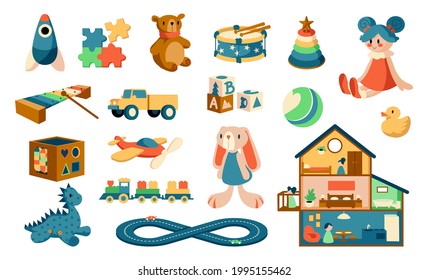 Cartoon toys. Babies objects for playing games. Kids educational jigsaw and puzzles. Plush animals or cute dollhouse. Musical instruments for children. Vector colorful playthings set