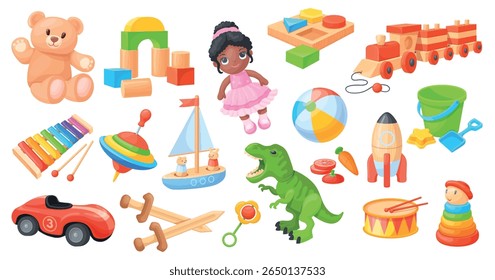 Brinquedos de animação. Brinquedo bebê criança, urso de pelúcia bonitinho bonitinho carro infantil dinossauro bloco de madeira bola infantil playground jogo de jardim de infância divertido jogo jogo set, ilustração vetor puro obra de arte original