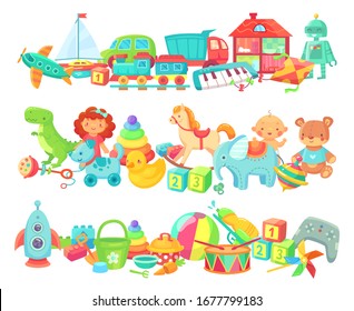 Cartoon toys dividers . Vector set of kids game for play. Child toys bear and ball, baby play funny elements illustration