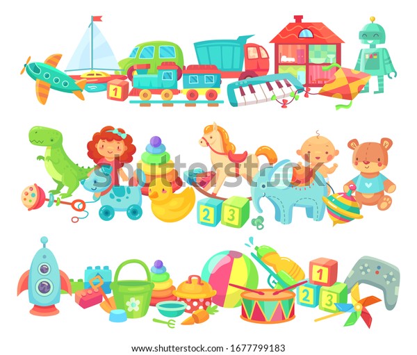 Cartoon\
toys dividers . Vector set of kids game for play. Child toys bear\
and ball, baby play funny elements\
illustration