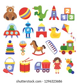 Cartoon toys. Game toy teddy bear dinosaur rocket childrens cubes kite robot. Kids dolls vector collection