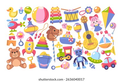 Cartoon toys for kids colorful design elements isolated set for game, development and fun recreation
