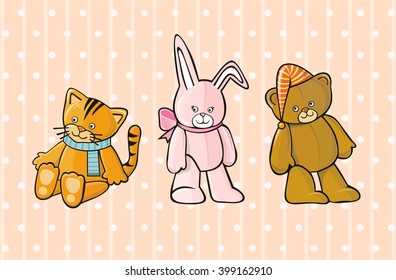 Cartoon toys (kitten, bunny and teddy bear) on abstract background. Vector illustration.