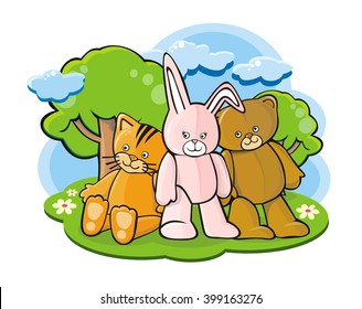 Cartoon toys (kitten, bunny and teddy bear) on nature background. Vector illustration.