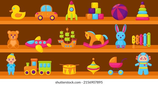 Cartoon toys on wood shelves. Kids toy shopping shelf vector group objects collection