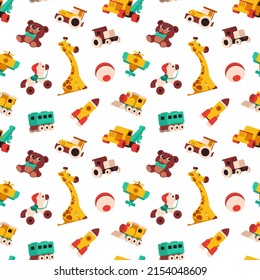 Cartoon toys pattern. Seamless print with kid colorful toys, cute baby transport animals and puzzle games. Vector texture. Giraffe, train and rocket objects on design for wrapping paper, wallpaper