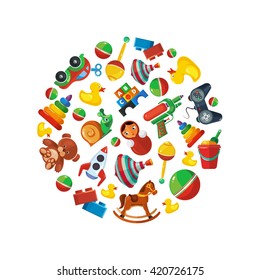 Cartoon toys set in circle shape. Vector illustration