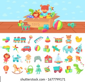 Cartoon toys. Vector set of kids play, block and doll, rattle car and cute elephant, joystick and box with game illustration