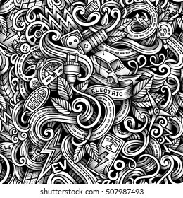 Cartoon trace doodles Electric cars season seamless pattern. Graphics detailed, with lots of objects background. Endless vector illustration