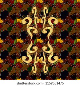 Cartoon trace doodles New Year season seamless pattern. Graphics detailed, with lots of objects black, brown and yellow colors. Endless Vector illustration.