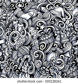Cartoon trace doodles New Year season seamless pattern. Graphics detailed, with lots of objects background. Endless vector illustration