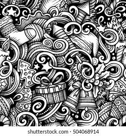 Cartoon trace doodles New Year season seamless pattern. Graphics detailed, with lots of objects background. Endless vector illustration