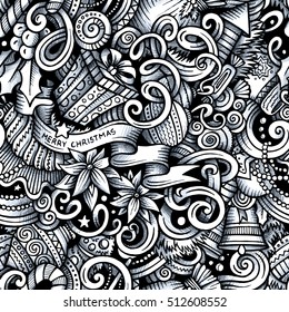 Cartoon trace doodles New Year season seamless pattern. Graphics detailed, with lots of objects background. Endless vector illustration