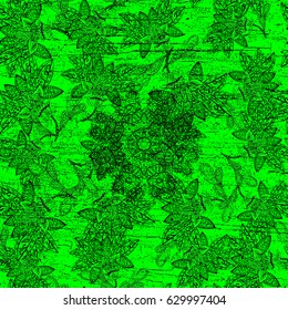 Cartoon trace doodles New Year season seamless pattern. Graphics detailed, with lots of objects green background. Endless Vector illustration.