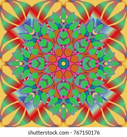 Cartoon trace doodles New Year season seamless pattern. Graphics detailed, with lots of objects green, yellow and orange colors. Endless Vector illustration.