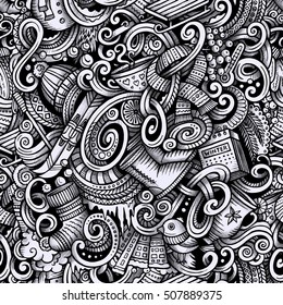 Cartoon trace doodles Winter season seamless pattern. Graphics detailed, with lots of objects background. Endless vector illustration
