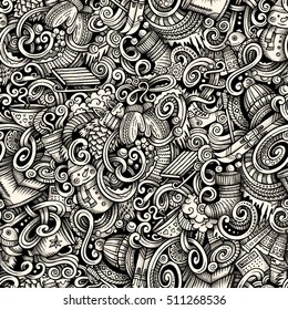Cartoon trace doodles Winter season seamless pattern. Graphics detailed, with lots of objects background. Endless vector illustration