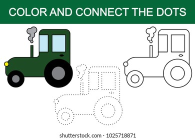 Cartoon tractor. Dot to dot educational paper game for preschool children. Color image.