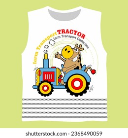 Motor de tractor de dibujos animados en funcionamiento, ilustración vectorial de diseño de ropa infantil
