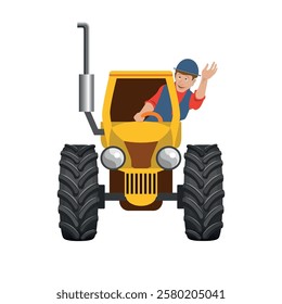 Cartoon tractor with a happy farmer driver waving his hand, front view. Vector illustration isolated on white background