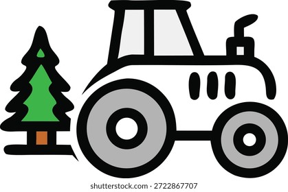Un tractor de dibujos animados está estacionado junto a un Pequeño árbol de hoja perenne en un campo