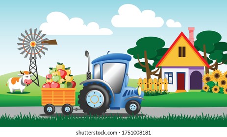 Cartoon tractor rides on a rural road and carries an apple crop in a trailer. Illustration, vector.