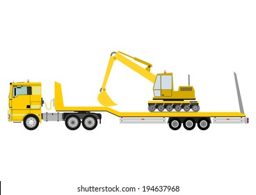 Cartoon tractor unit with a heavy trailer isolated on white background. Vector 