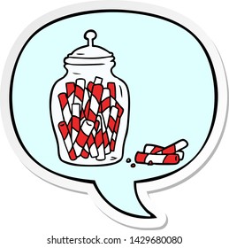cartoon traditional candy sticks in jar with speech bubble sticker