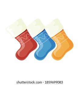 Cartoon traditional Christmas stockings socks with winter pattern. vector illustration