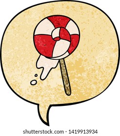 cartoon traditional lollipop with speech bubble in retro texture style