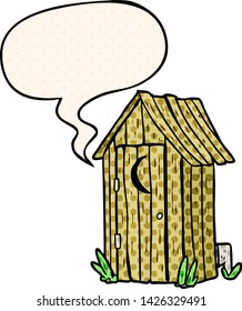 cartoon traditional outdoor toilet with crescent moon window with speech bubble in comic book style
