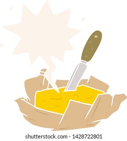 cartoon traditional pat of butter with knife with speech bubble in retro style