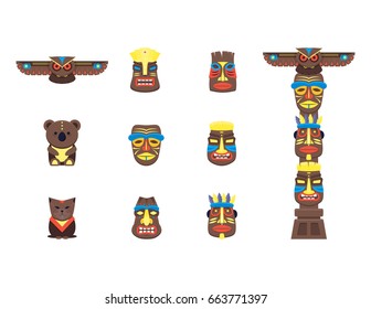 Cartoon Traditional Religious Totem Color Icons Set Flat Style Design Element Native Culture Tribal Symbol. Vector illustration of Totems 