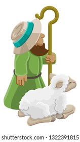 A cartoon traditional shepherd and sheep or lamb