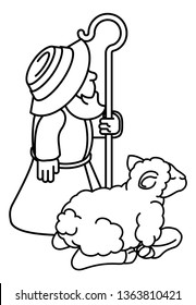 A cartoon traditional shepherd and sheep or lamb