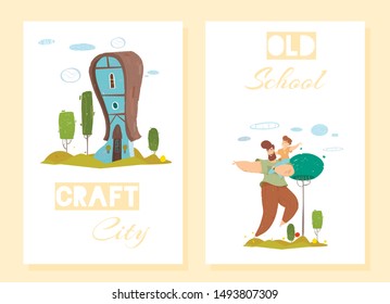 Cartoon Traditional Stone House in Forest or Countryside. Happy Father with Child in Hands Having Fun on Fresh Air. Craft City and Old School Lettering Flat Cards Set. Vector Rural Scene Illustration