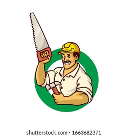 cartoon traditional woodworker with hammer, showing thumb up
