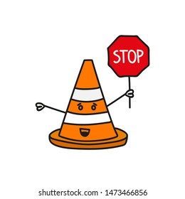 Cartoon traffic cone hand drawn holds a stop road sign. warning sign design. Vector illustration.