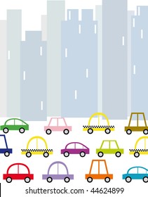 A cartoon traffic jam scene. Cityscape & Traffic