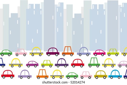 A Cartoon Traffic Jam Scene. Cityscape & Traffic