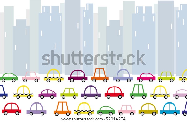 A\
cartoon traffic jam scene. Cityscape &\
Traffic