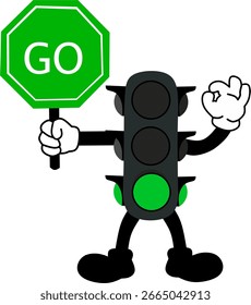 cartoon traffic light character with green light with sign to walk