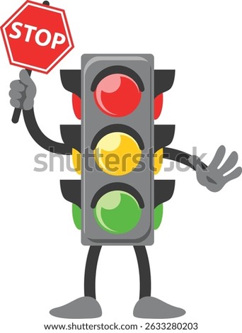 cartoon traffic light character with red light with sign for stop