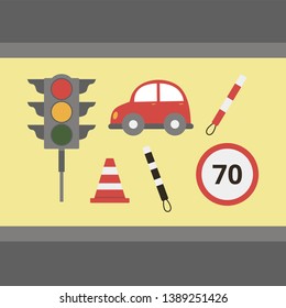 Cartoon traffic light day vector set. Urban sign template of flyear, magazines, poster, book cover, banners. Road transportation invitation concept background. 